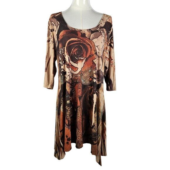 Fantazia Vintage Medium Boho Floral Dress Horse Western Cowgirl Tan Asymmetrical - Picture 1 of 8